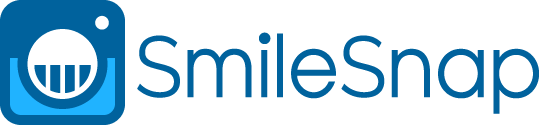 A blue and white logo for smilesnap with a cupcake on it