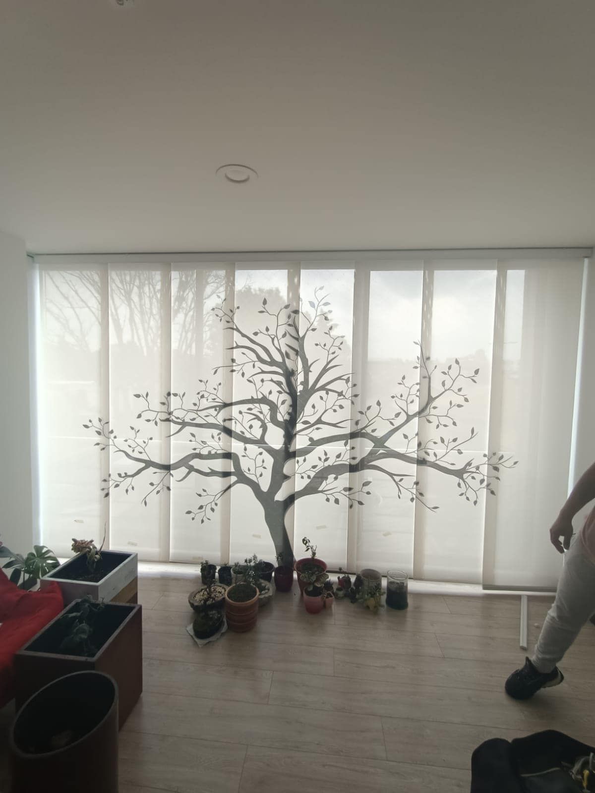 Ventana con panel y silueta de árbol pintada; persona de pie cerca, plantas en el suelo.