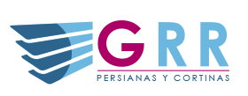 El logotipo de "GRR Persianas y Cortinas" presenta un gráfico de persianas azules, una "G" magenta, una "RR" azul y texto.