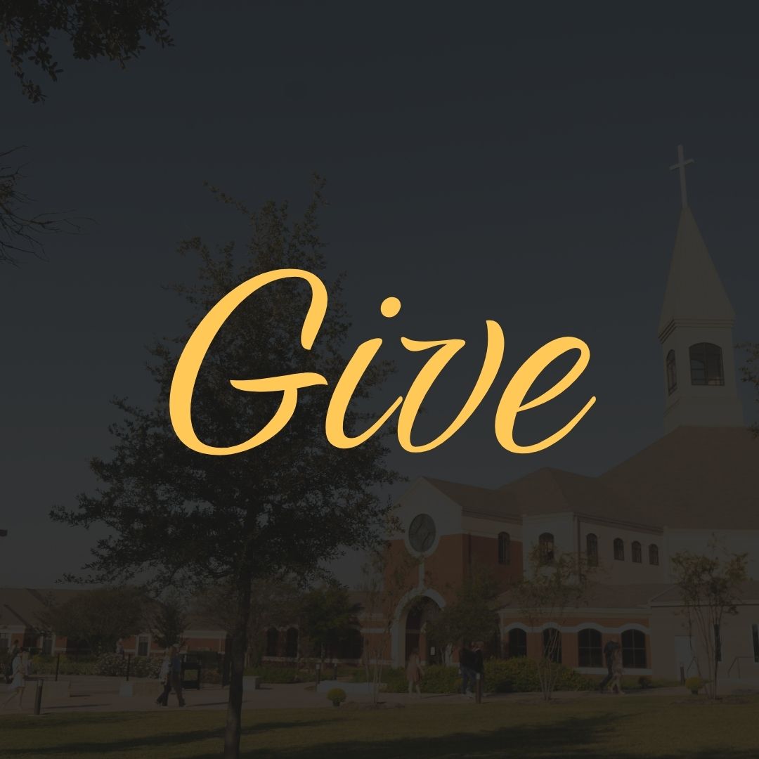 The word give is on a dark background with a church in the background