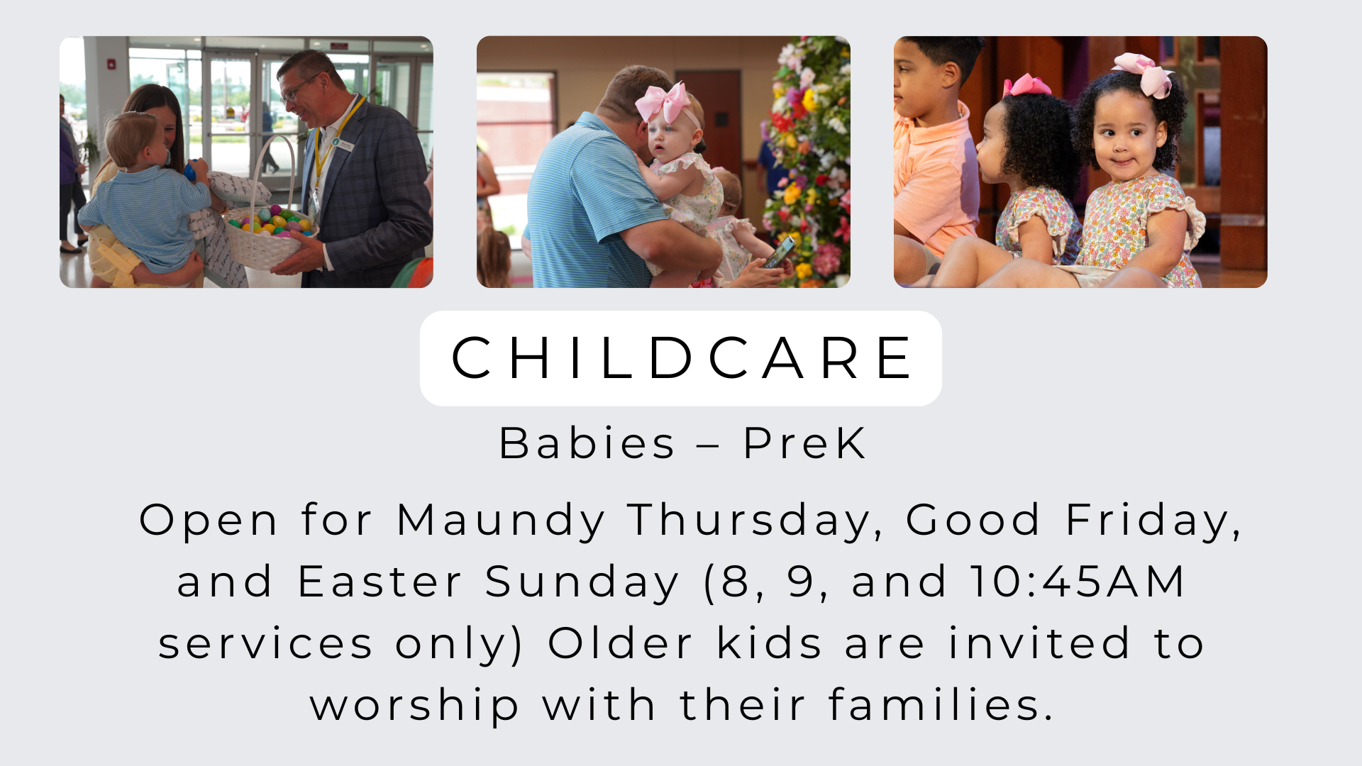 Childcare information graphic: three photos of children, text about nursery services for children under 5.