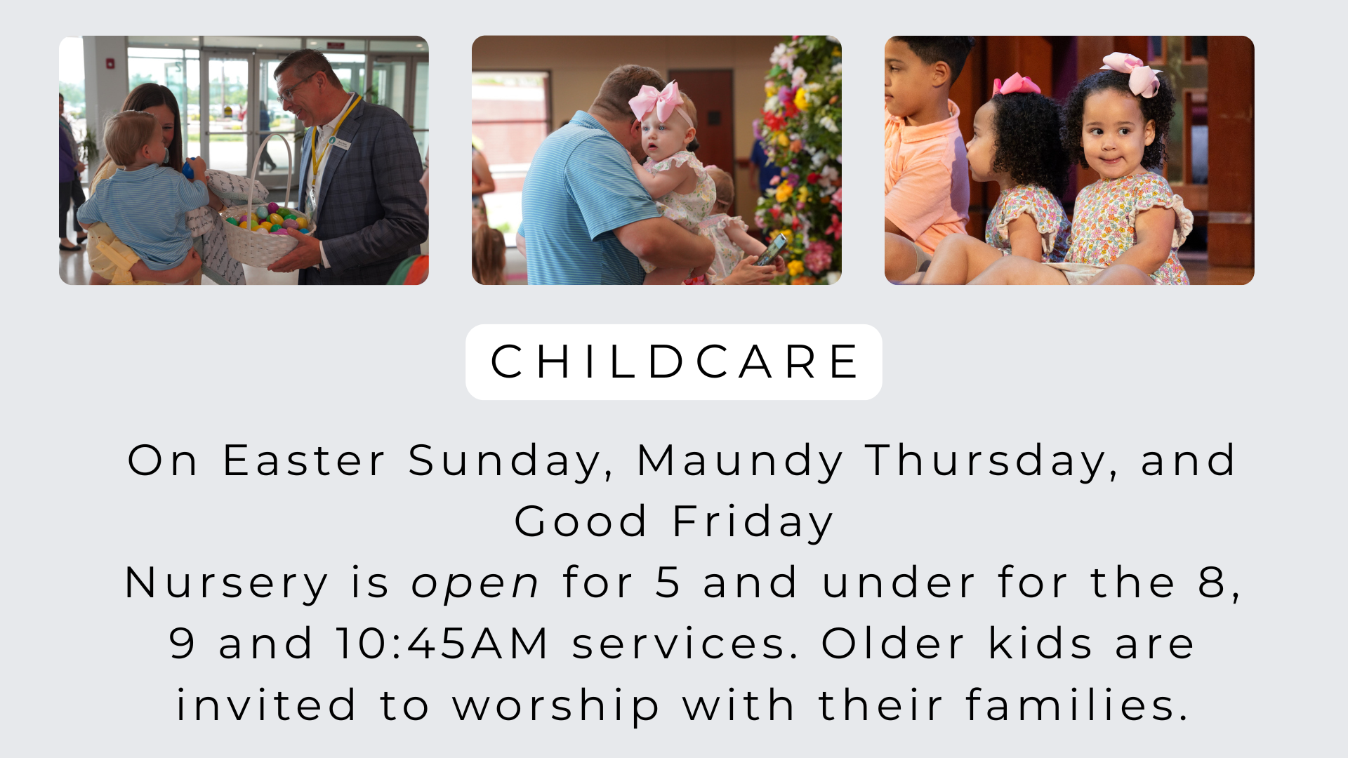 Childcare information graphic: three photos of children, text about nursery services for children under 5.