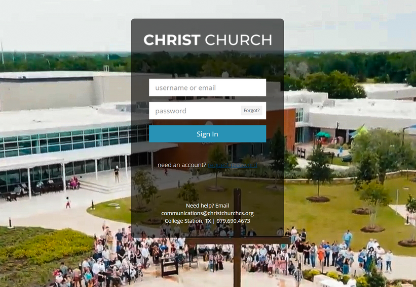 Login screen for Christ Church website with username, password, and sign-in fields, with outdoor church view.