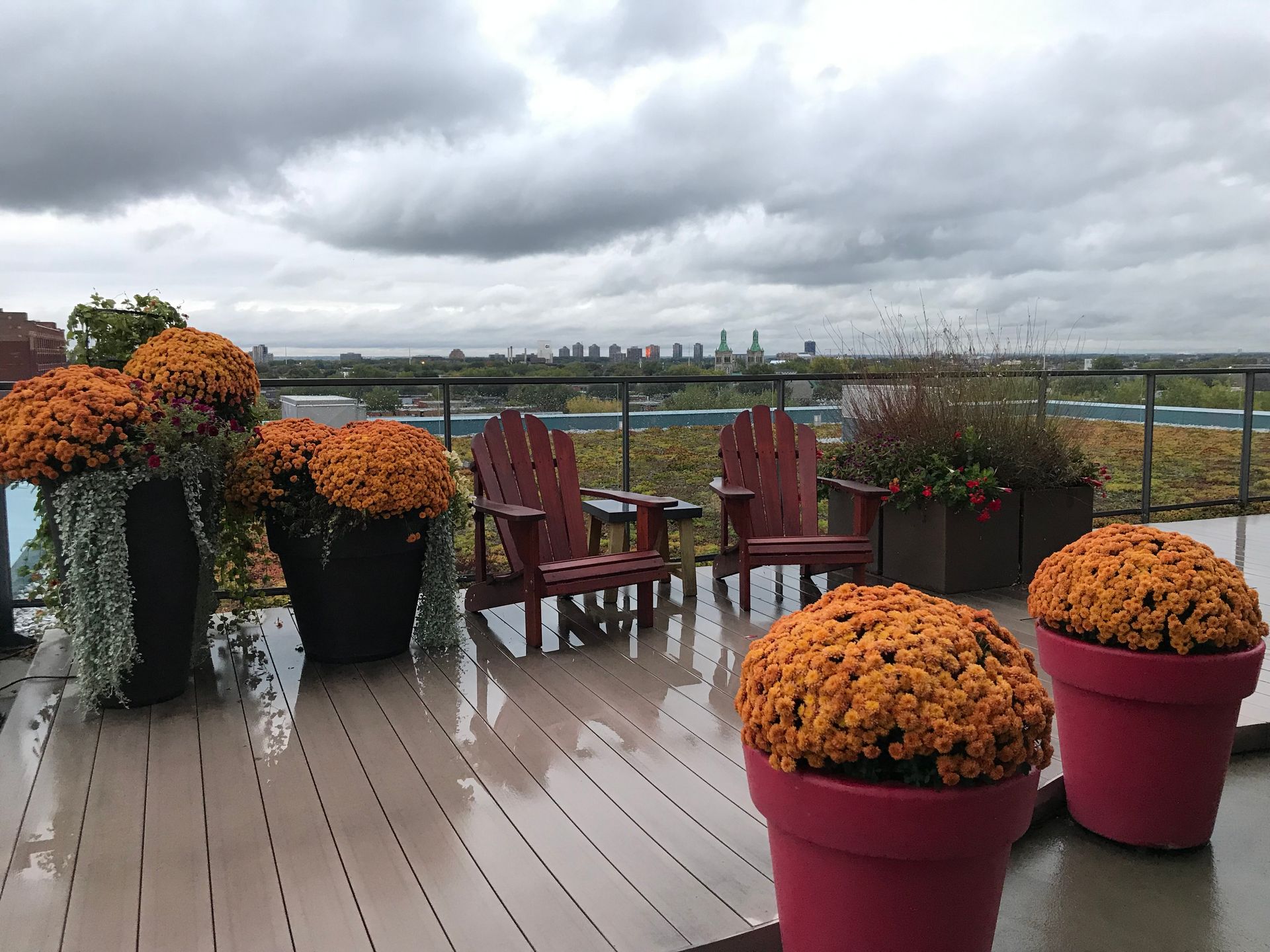 Une terrasse avec des chaises et des plantes en pot dessus