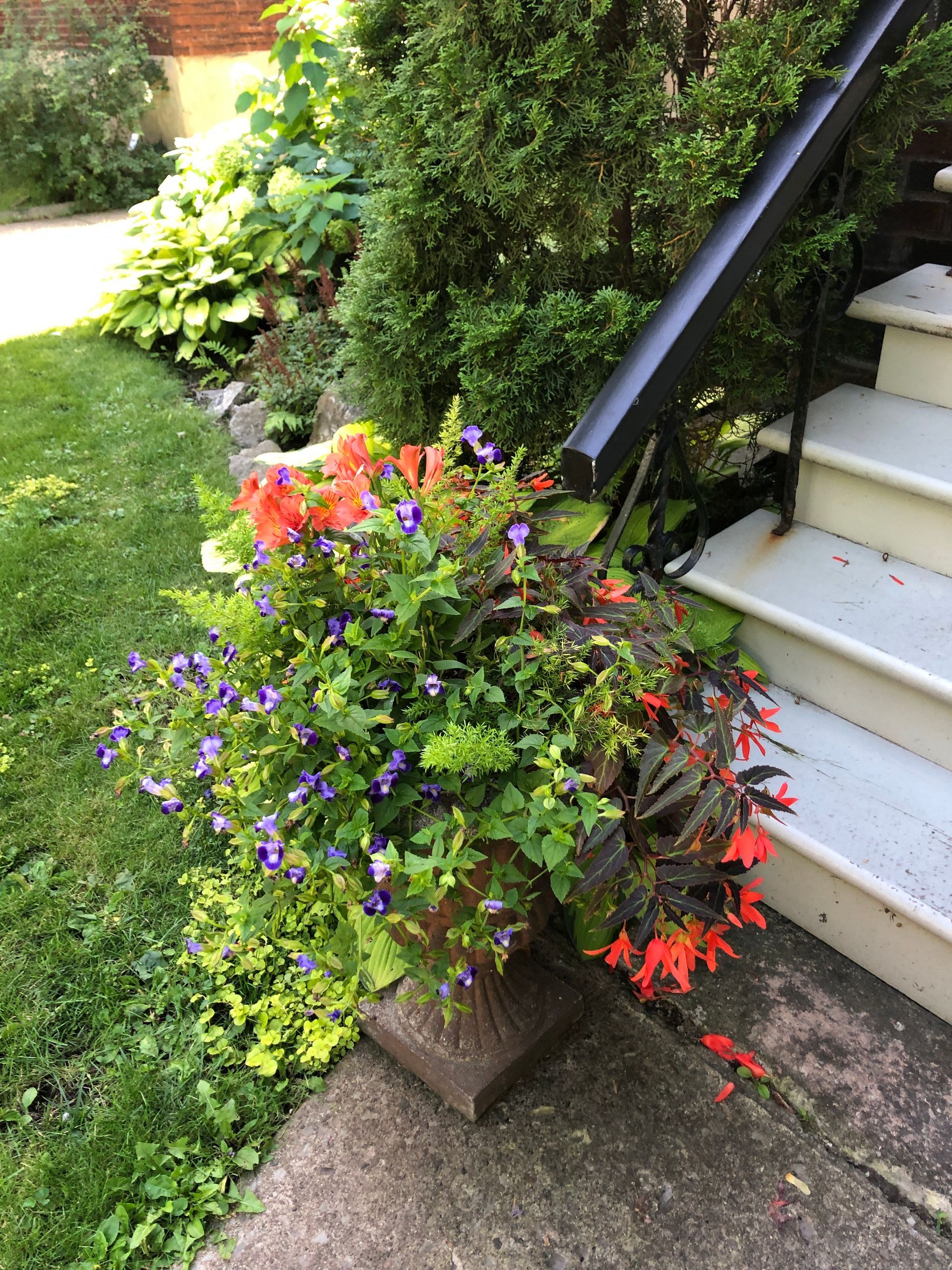Une jardinière remplie de fleurs est posée à côté d'un escalier.