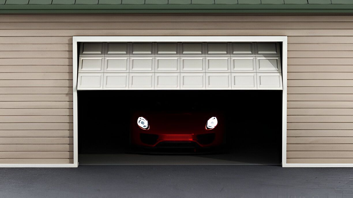 A partially open garage door reveals a dark interior with the headlights of a red car illuminated.