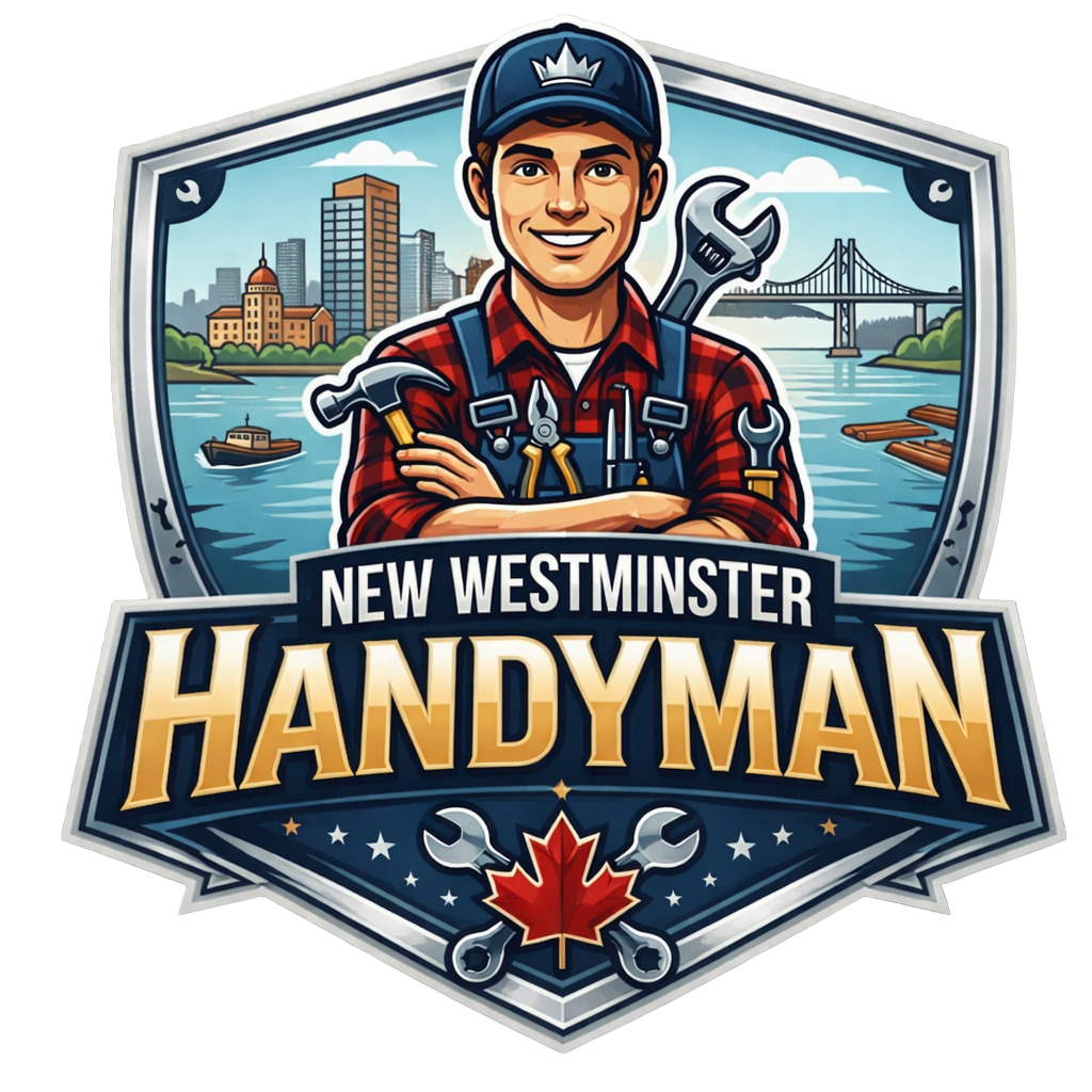 Logo for New Westminster Handyman featuring two cartoon handymen with tools.