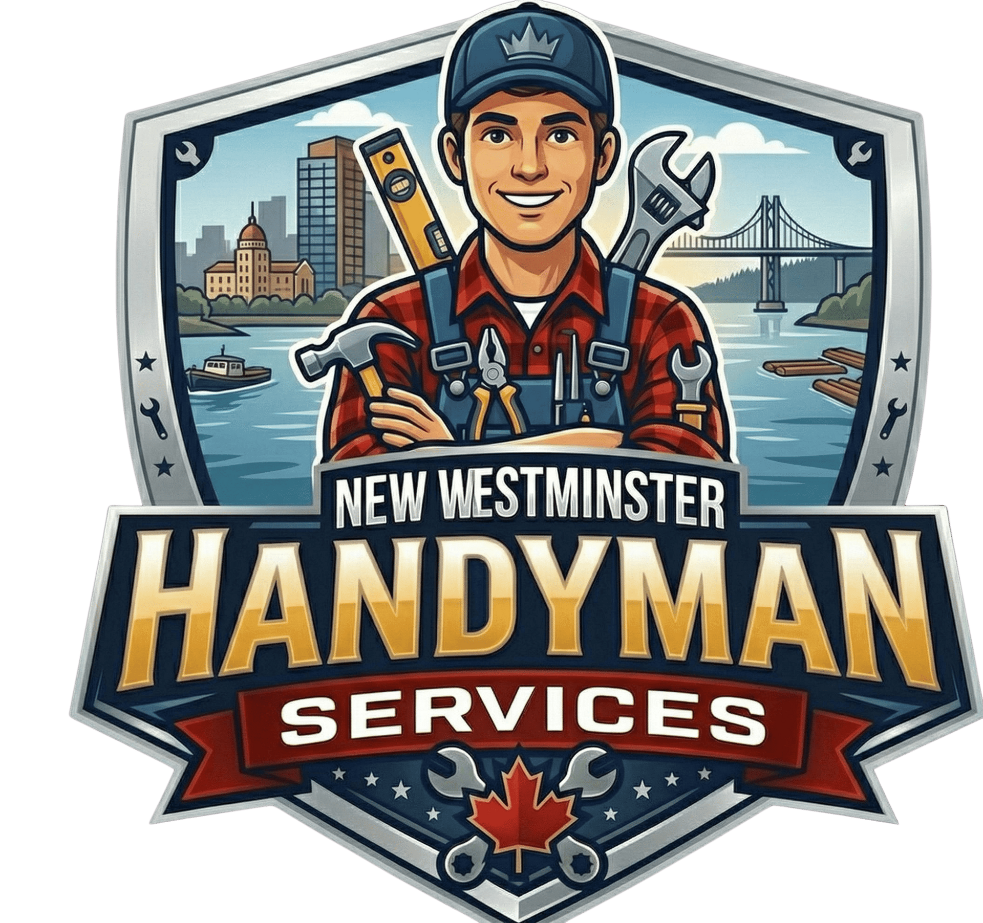 Logo for New Westminster Handyman featuring two cartoon handymen with tools.