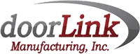 Logo for doorLink Manufacturing, Inc. Features gray and red text, with a swoosh above.