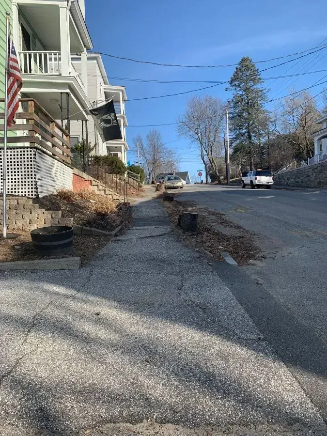 A street with cars parked on the side of it and an american flag on the sidewalk.