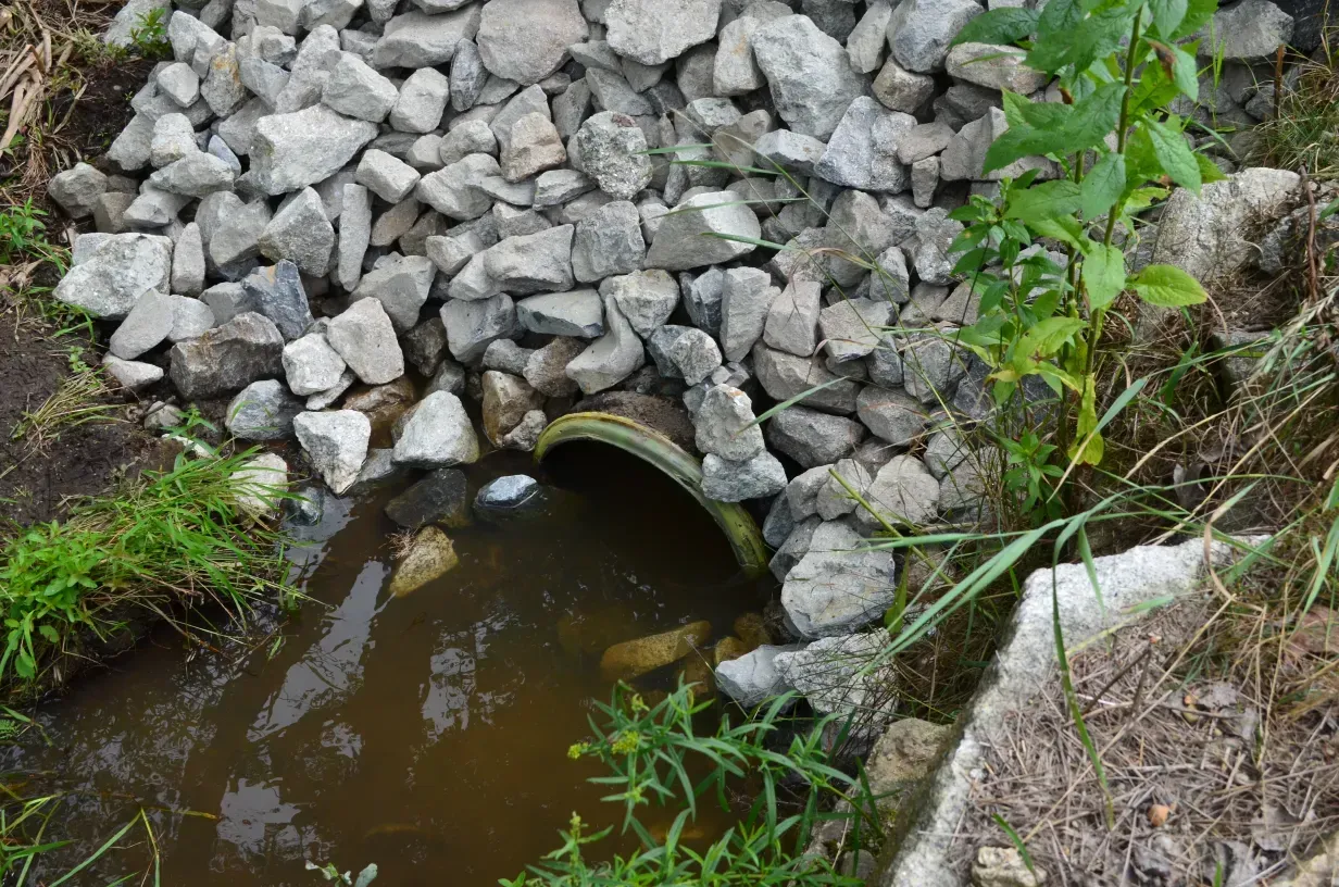 A stream of water is coming out of a pipe surrounded by rocks.