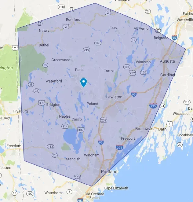 A map of the state of maine with a blue circle around it.