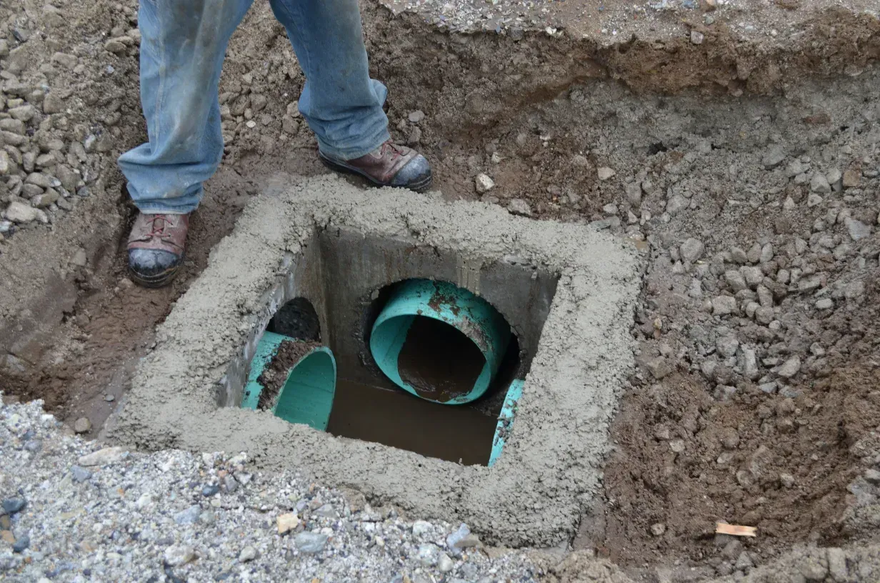 A man is standing in a hole with two pipes in it.