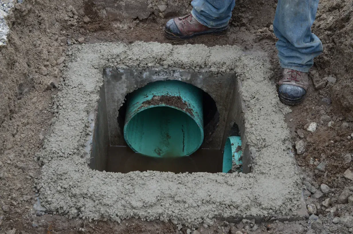 A person is standing next to a green pipe in a hole in the ground.