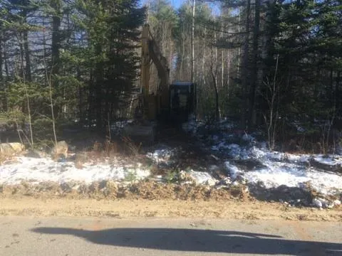 A bulldozer is digging a hole in the middle of a forest.