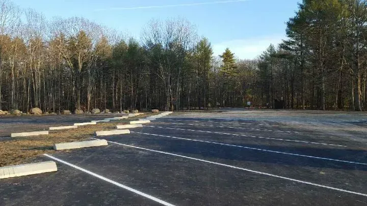 A parking lot in the middle of a forest with trees in the background.