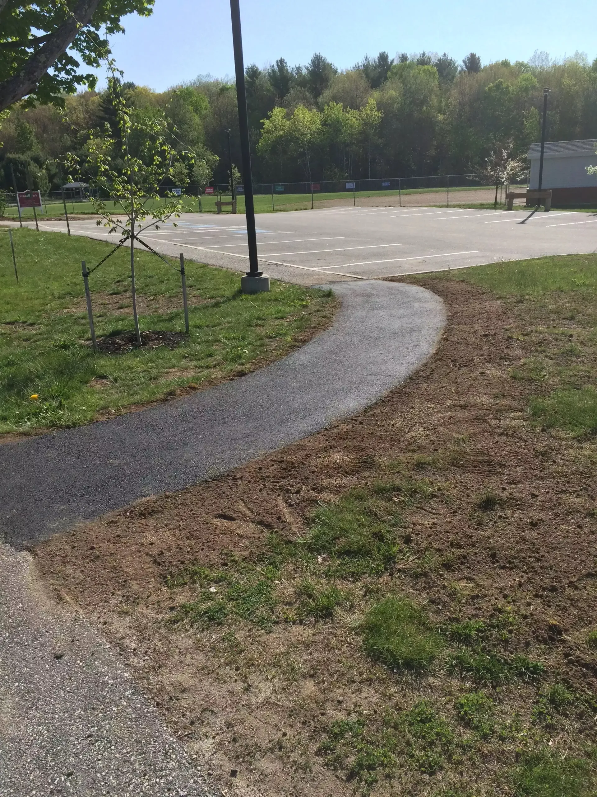 A path going through a grassy area next to a road.