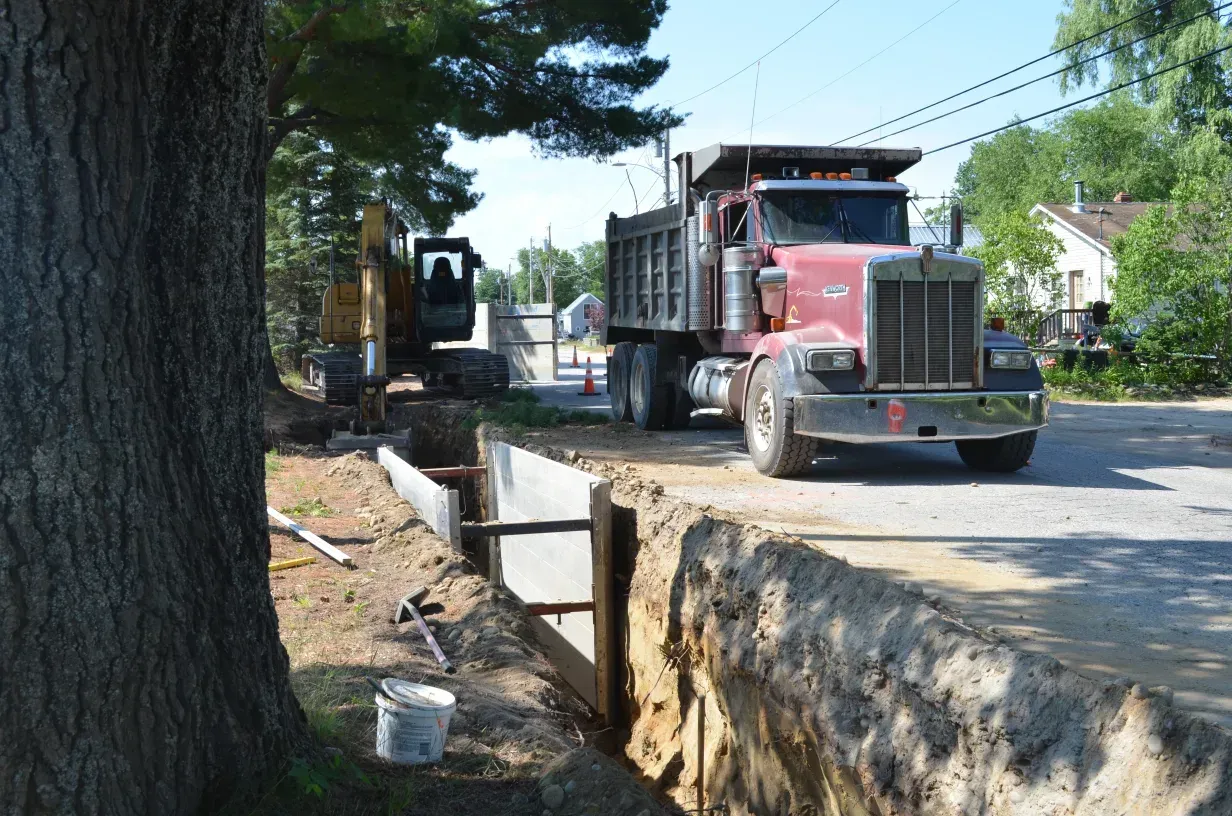 A dump truck is driving down a street next to a tree.