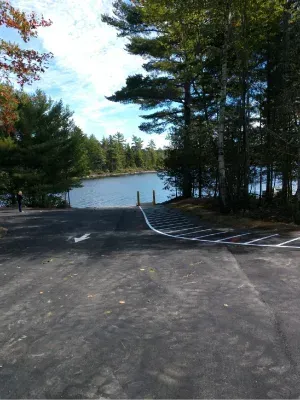 A road leading to a lake surrounded by trees