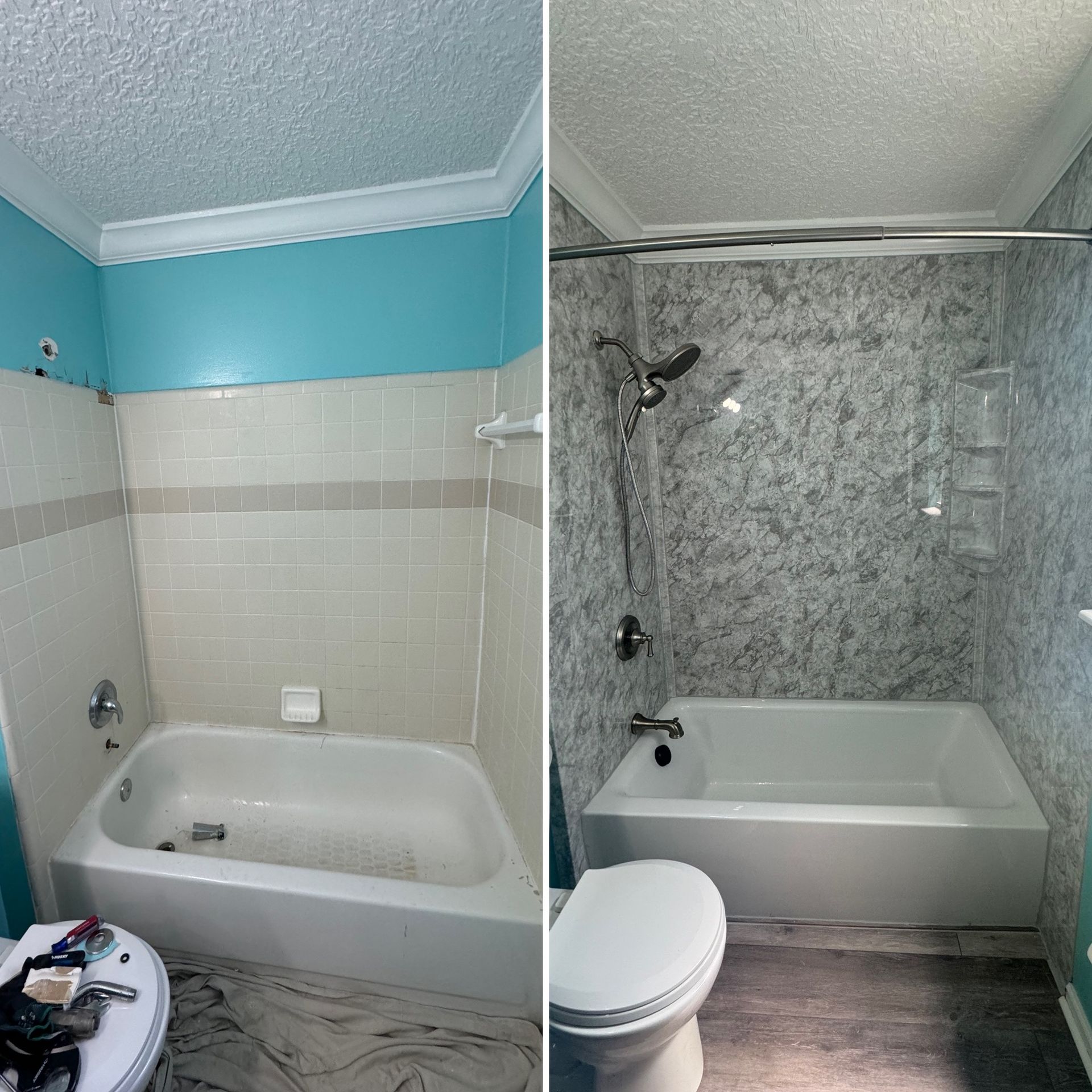 Side-by-side bathroom remodel photos showing a tub surround before and after, with turquoise walls replaced by gray tile.