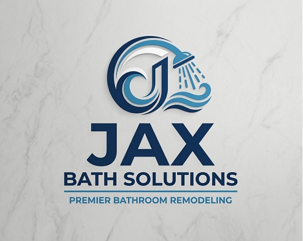 JAX Bath Solutions logo on a light marble background, with blue text and shower-head graphic 