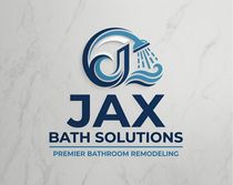 JAX Bath Solutions logo on a light marble background, with blue text and shower-head graphic 