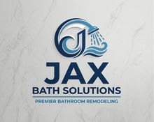 JAX Bath Solutions logo in blue with showerhead icon on a light marble background
