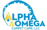 Blue and yellow logo for Alpha & Omega Carpet Care, LLC; contains a circular design with bubbles and a drop shape.