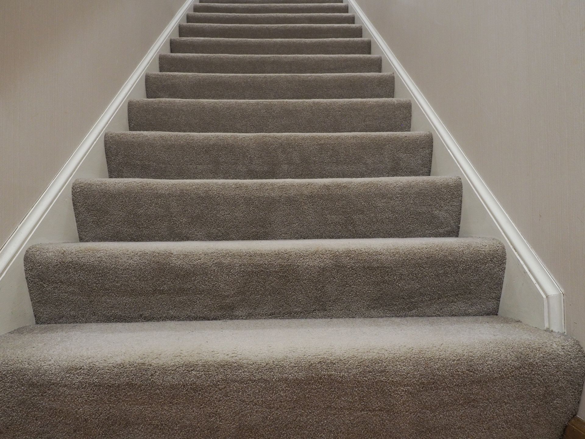 Carpeted stairs leading upwards, beige walls, and white trim.