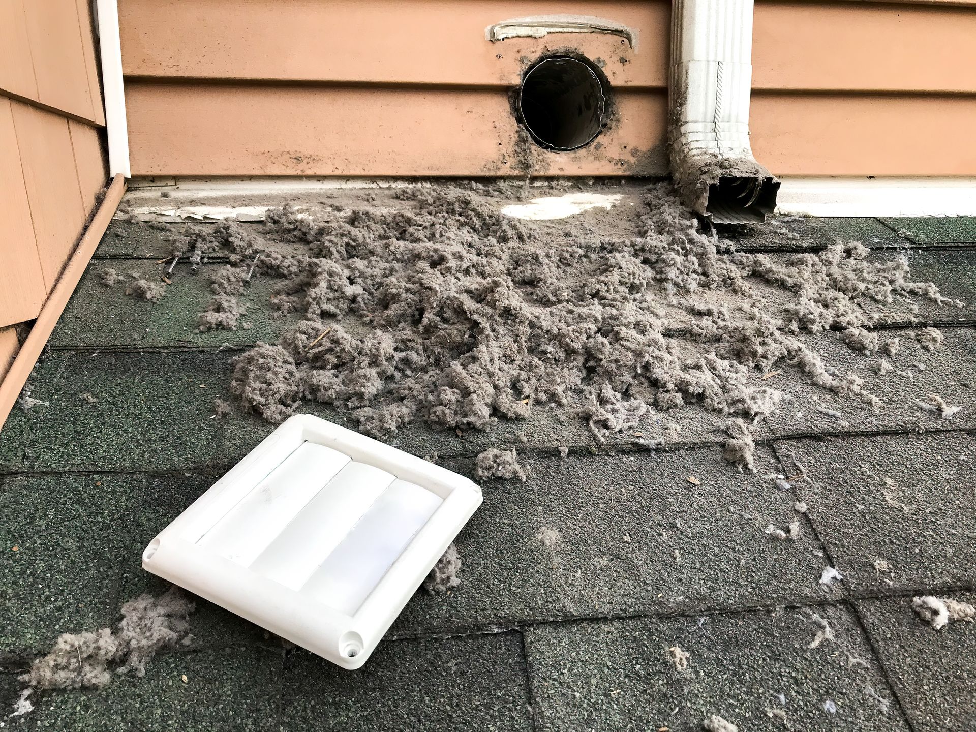 Lint and debris pile around a dryer vent on a roof. A white vent cover sits nearby.