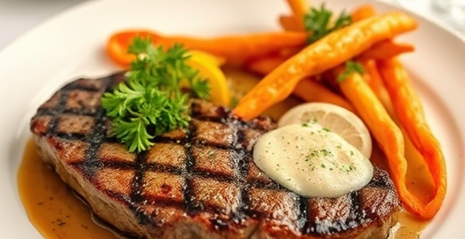 Grilled steak topped with herb butter, carrots, and parsley on a white plate.