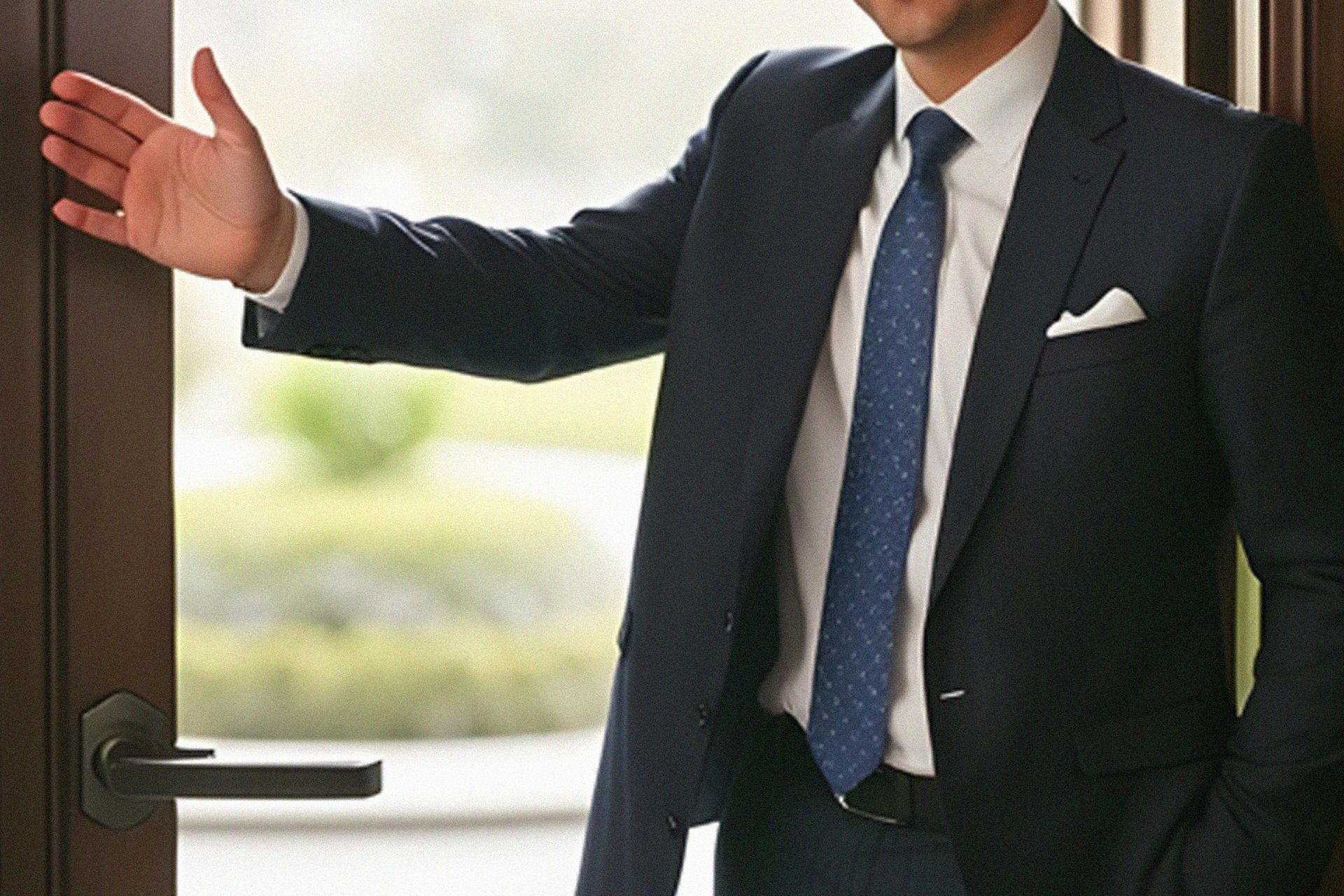 Man in suit, opening a door with outstretched hand, welcoming gesture.