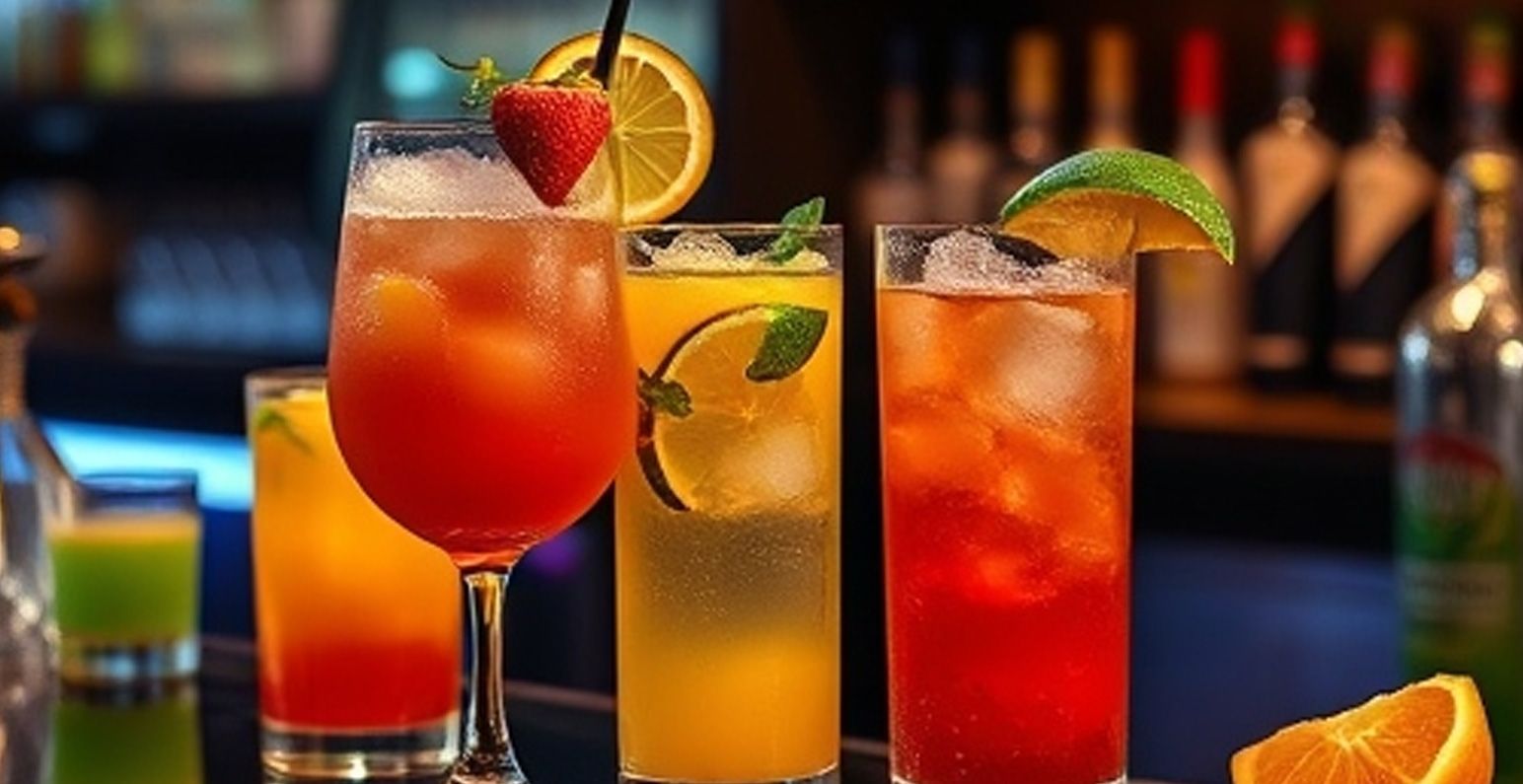 Three colorful cocktails garnished with fruit on a bar.
