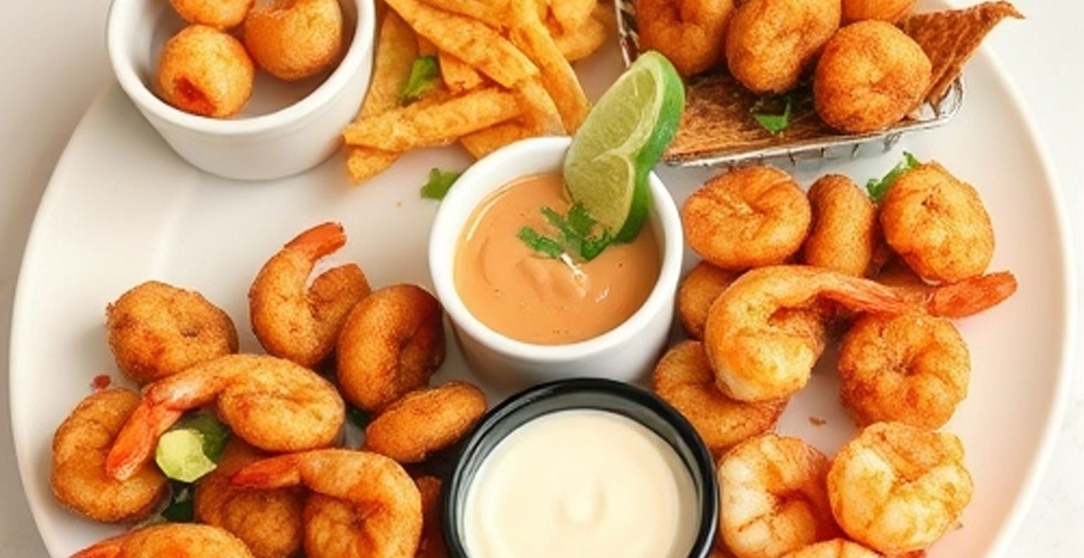 Fried shrimp platter with dipping sauces and lime garnish.