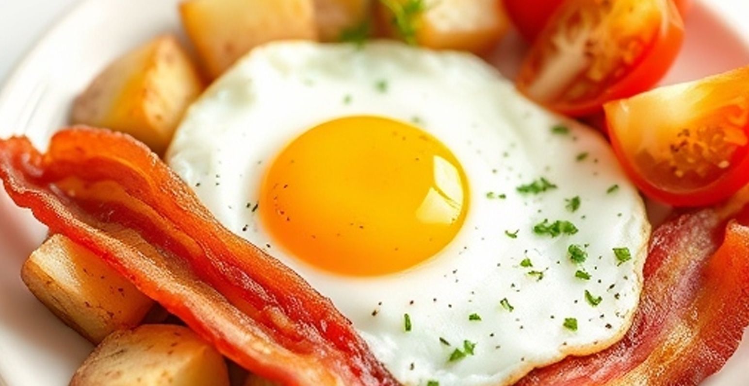 Fried egg with bacon, roasted potatoes, and tomatoes on a white plate.