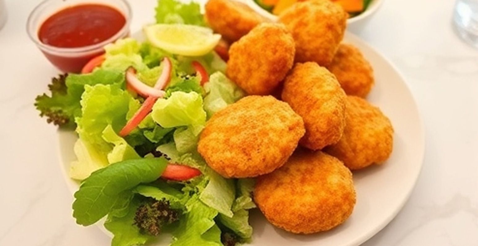 Plate of chicken nuggets with salad and ketchup.