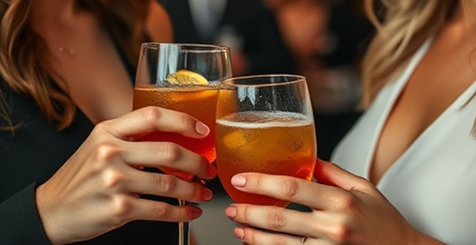 Two people toasting with drinks; amber-colored cocktails in tall glasses.