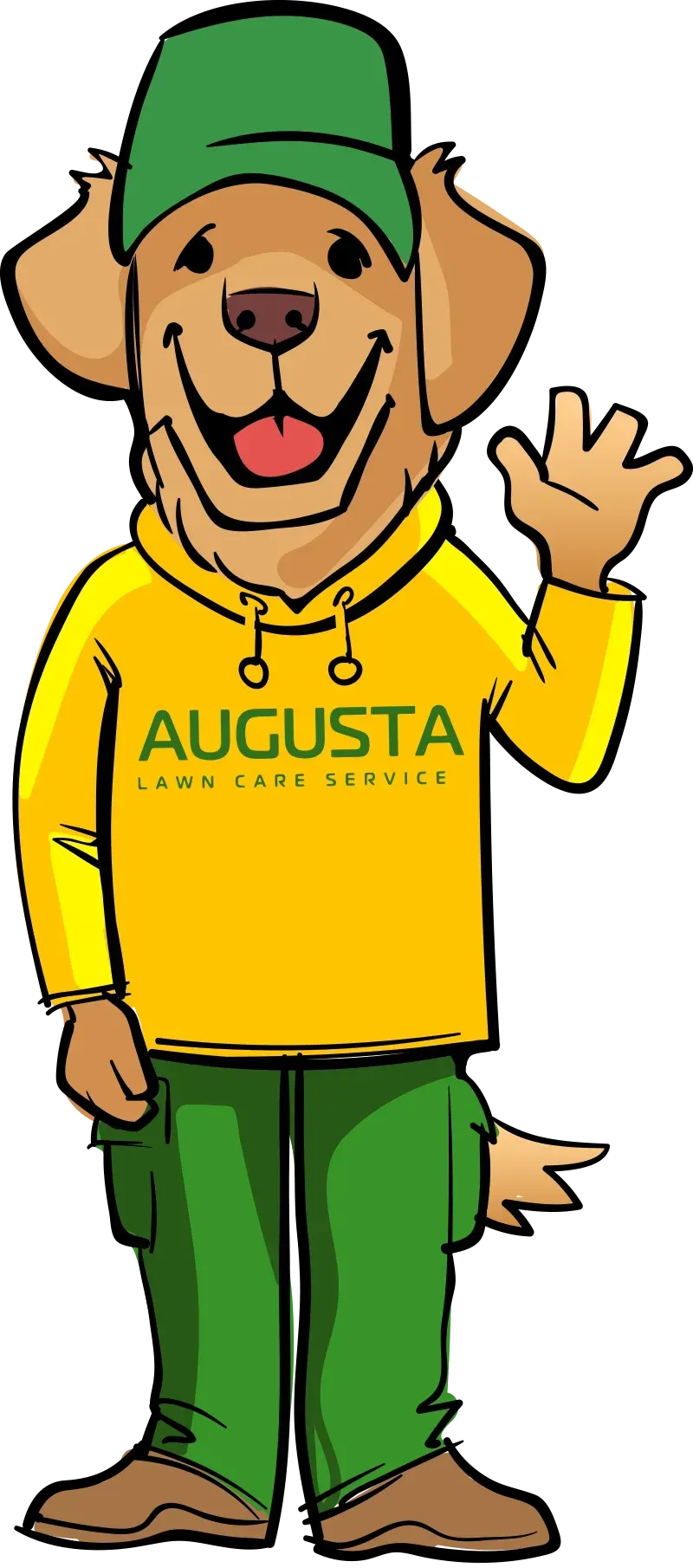 Golden retriever mascot, thumbs up, wearing yellow hoodie and green pants, promoting Augusta Lawn Care Services.