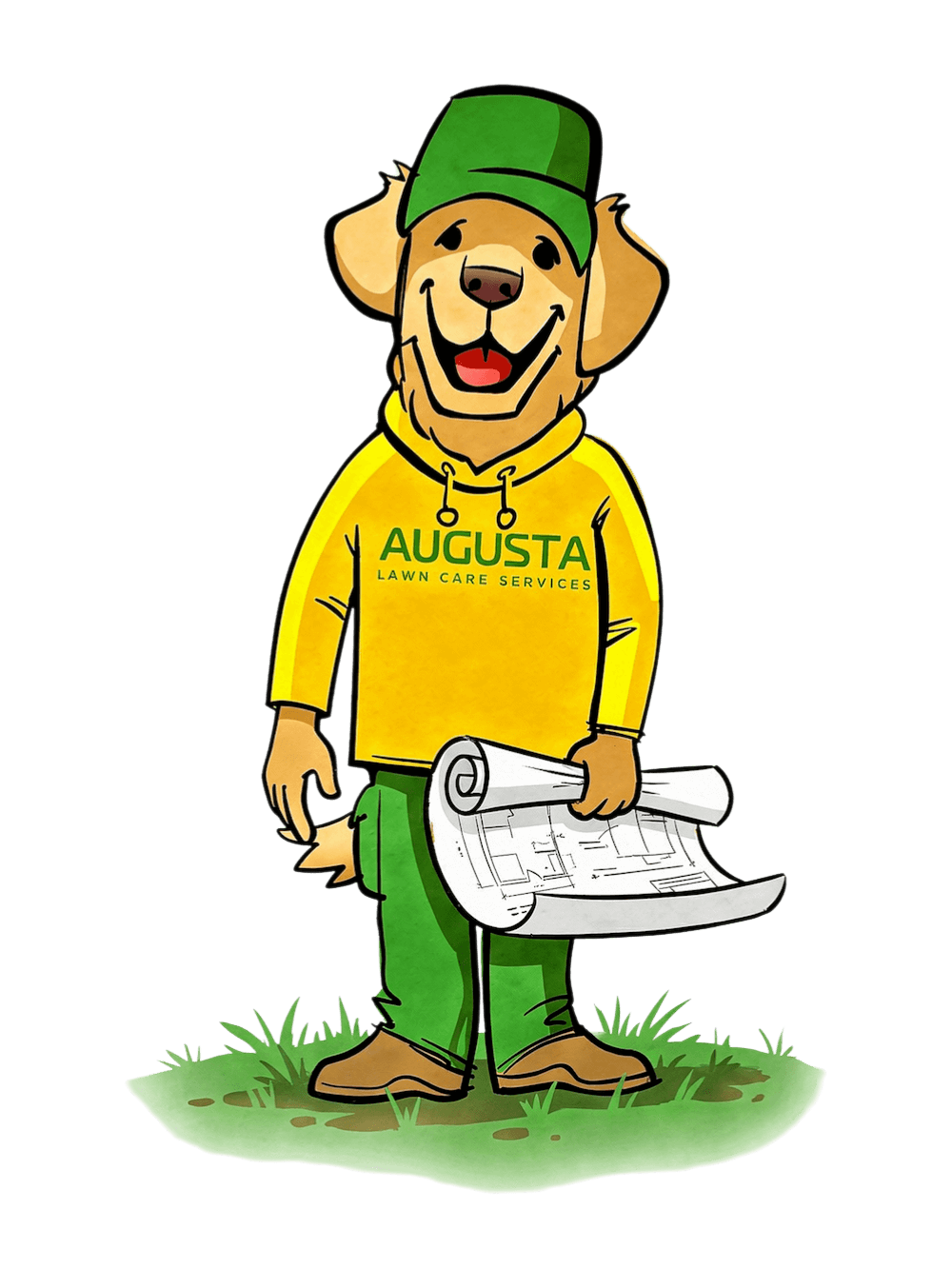 Augusta Lawn Care Mascot with blueprints