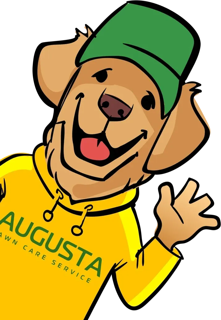 A friendly dog mascot wearing a green hat and yellow hoodie waves, with