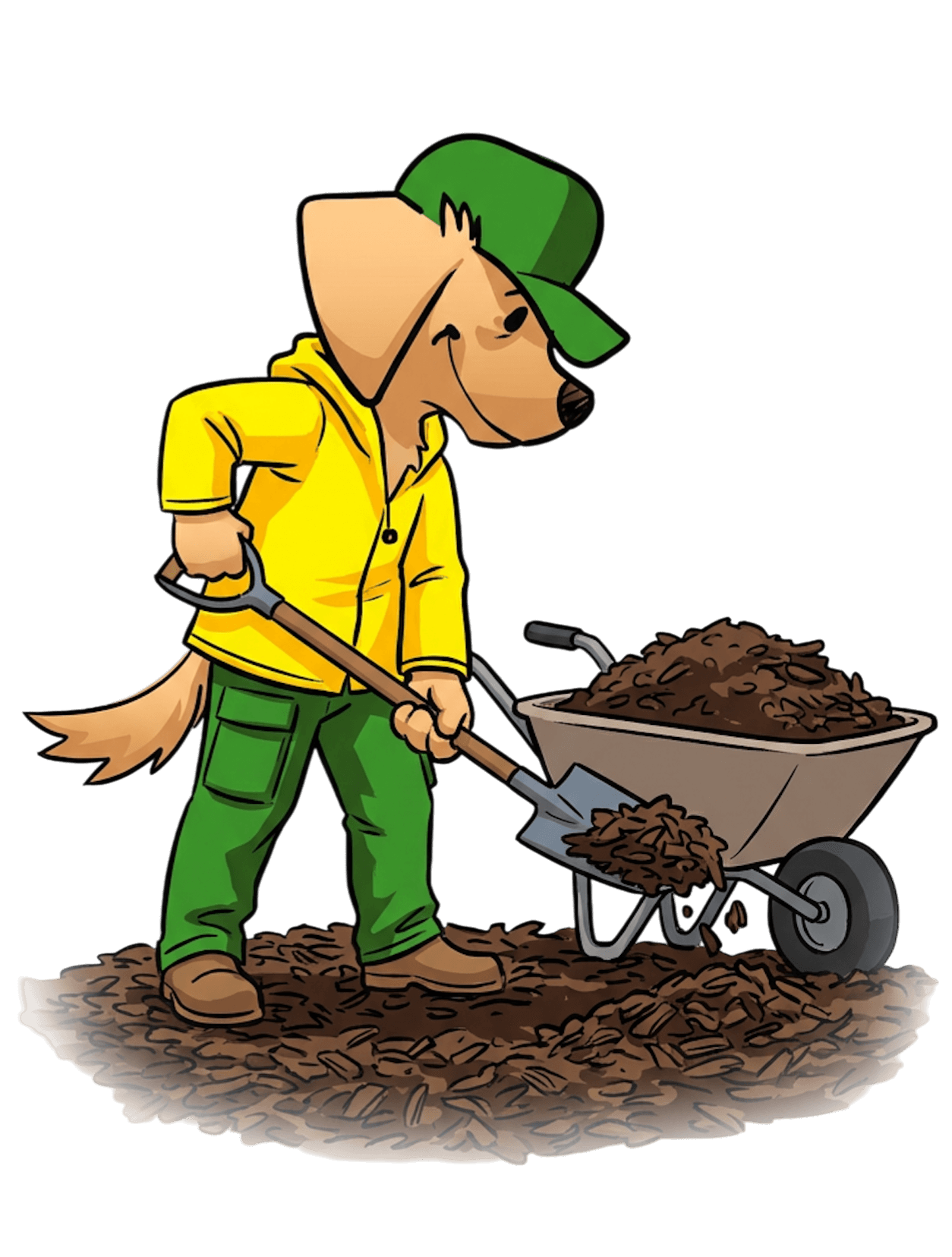 Augusta Lawn Care Mascot shoveling mulch