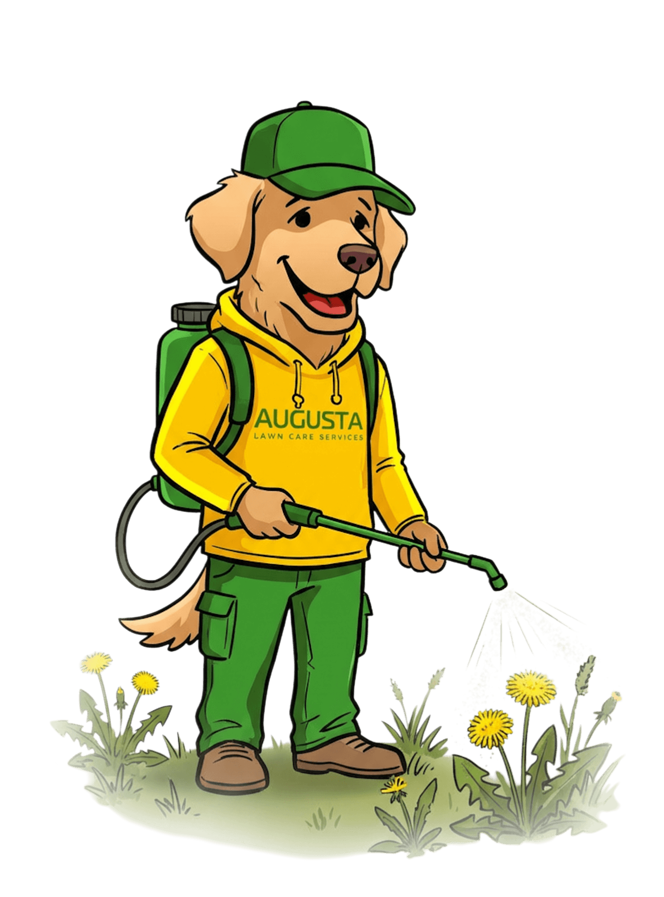 Augusta Lawn Care Mascot spraying weeds