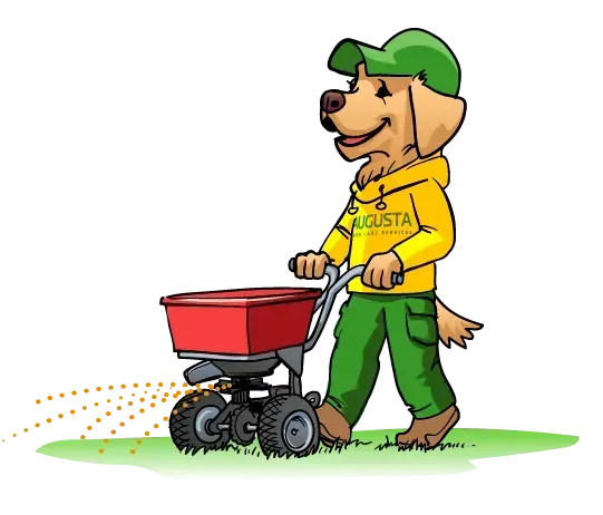 Augusta Lawn Care Mascot pushing fertilizer treatment