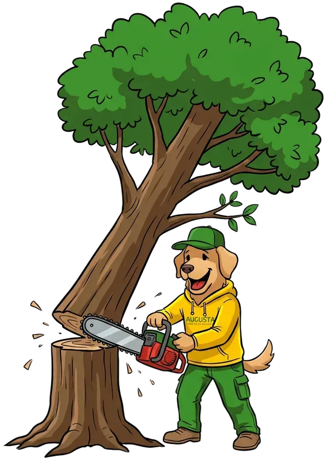 Augusta Lawn Care Mascot Cutting a Tree