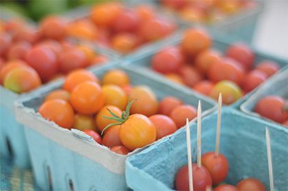 several baskets of tomatoes