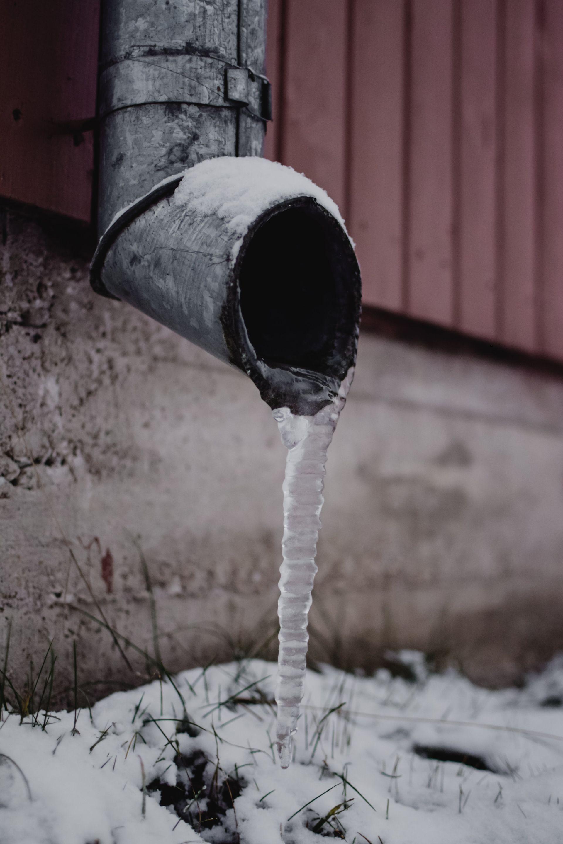 A gutter with ice coming out of it is covered in snow.