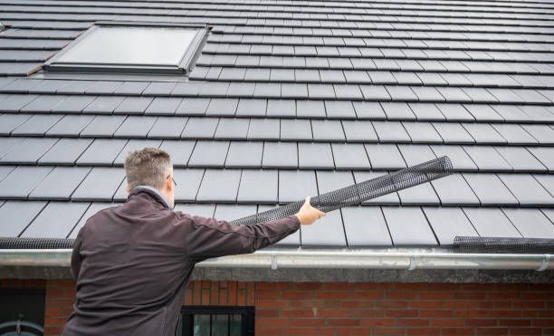 Man installing gutter guard on roof with skylight.