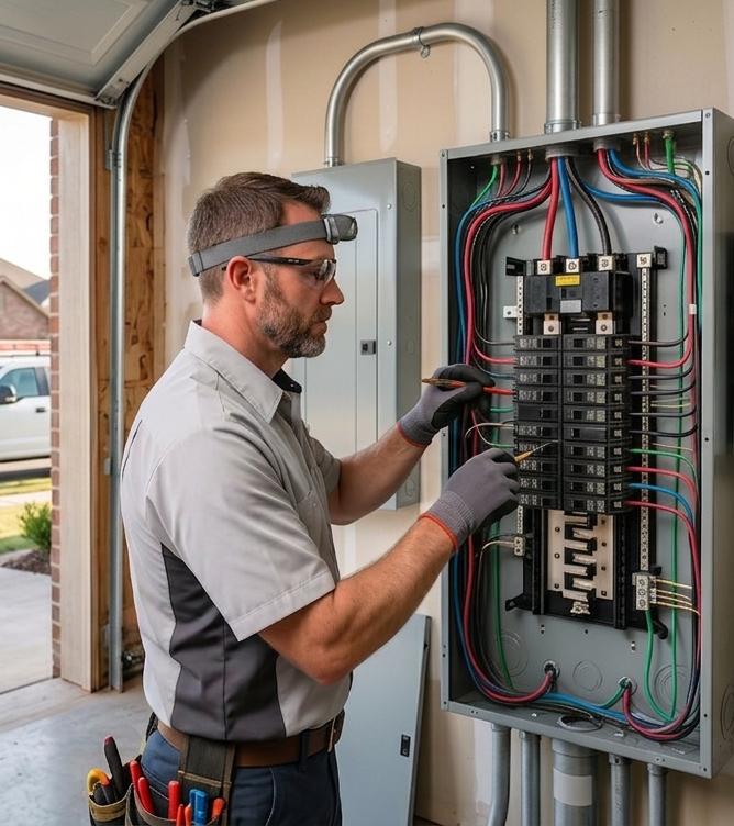 Technician in hard hat inspecting electrical control panel with wires and switches