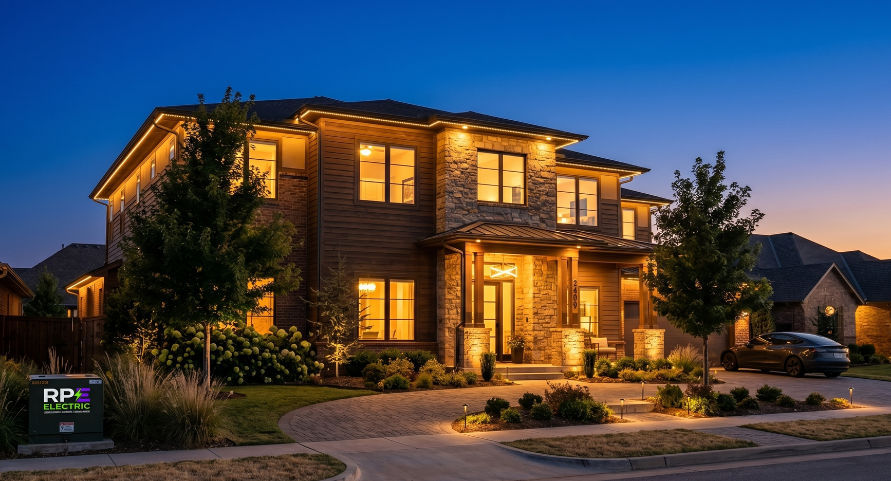 Two-story house at dusk with warm exterior lights, landscaped yard, and a driveway