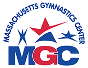 Massachusetts Gymnastics Center logo: Blue and red stars with "MGC" below, and arched text "Massachusetts Gymnastics Center."